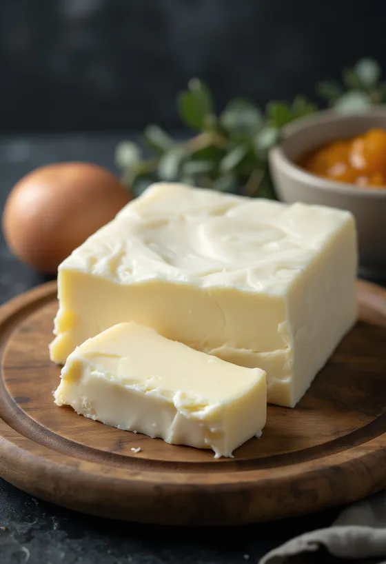 Mantequilla de cabra en tazón de cerámica, textura blanca y cremosa