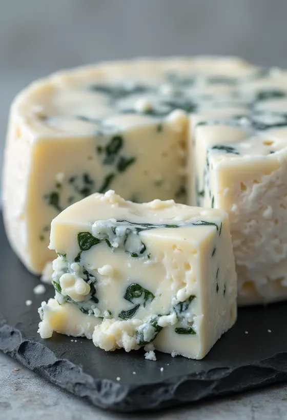Queso azul rebanado y desmoronado sobre tabla de madera, entorno de cocina