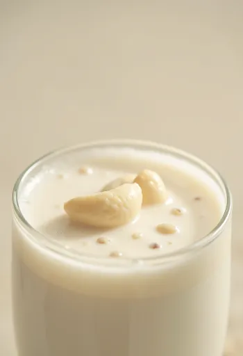 Leche de nuez de la india sirviéndose en vaso con nueces al lado
