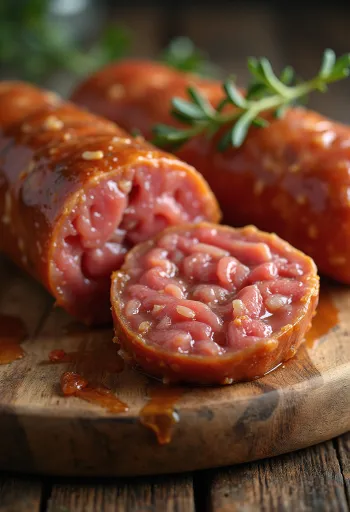 Chorizo seco rebanado sobre tabla de madera, especiado, con marmoleo graso