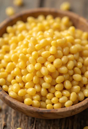 Mijo crudo de granos amarillentos en tazón de cerámica, sobre superficie de madera