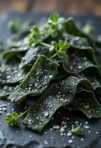 Hojas secas de alga kombu sobre madera con tazón de agua
