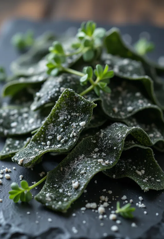 Hojas secas de alga kombu sobre madera con tazón de agua