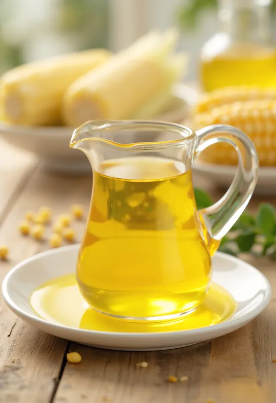 Aceite de maíz en botella, con granos de maíz y sémola