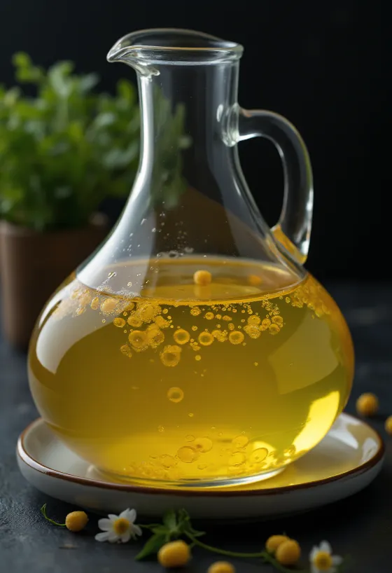 Aceite de maíz en tazón de vidrio, con granos de maíz y germen