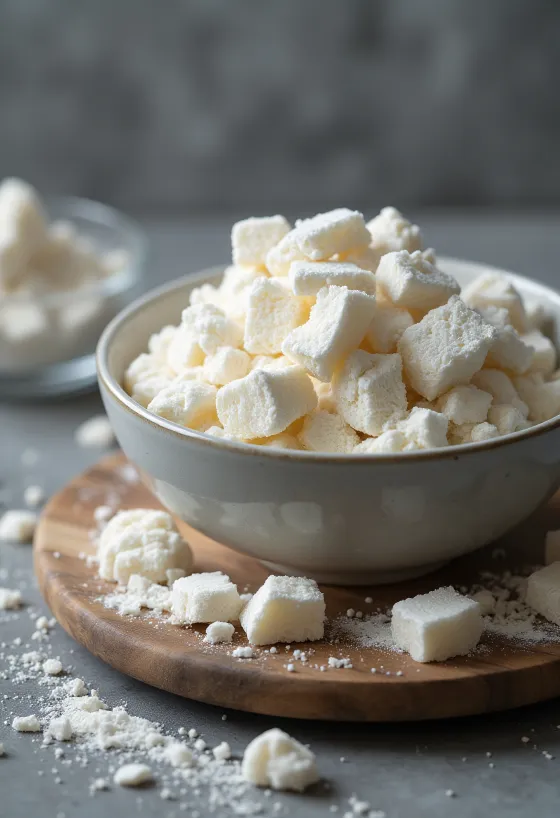 Polvo de almidón kuzu en tazón y cuchara, con rodajas de raíz