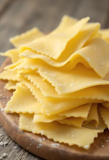 Láminas de lasaña secas esparcidas sobre superficie de madera