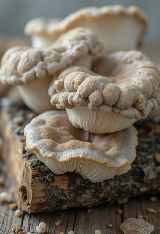 Setas tipo ostra frescas sobre mesa de madera, entorno de cocina natural