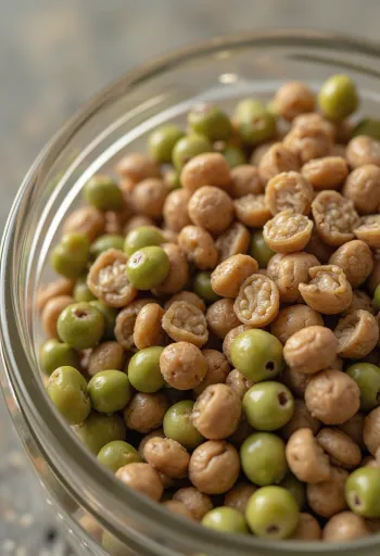 Diferentes tipos de lentejas en tazones de cerámica sobre una mesa de madera