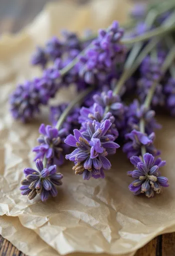 Brotes comestibles de flor de lavanda lila en plato blanco listos para uso culinario