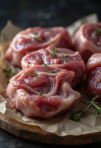 Trozos de carne de ganso fresca con salvia, ajo y bayas de enebro