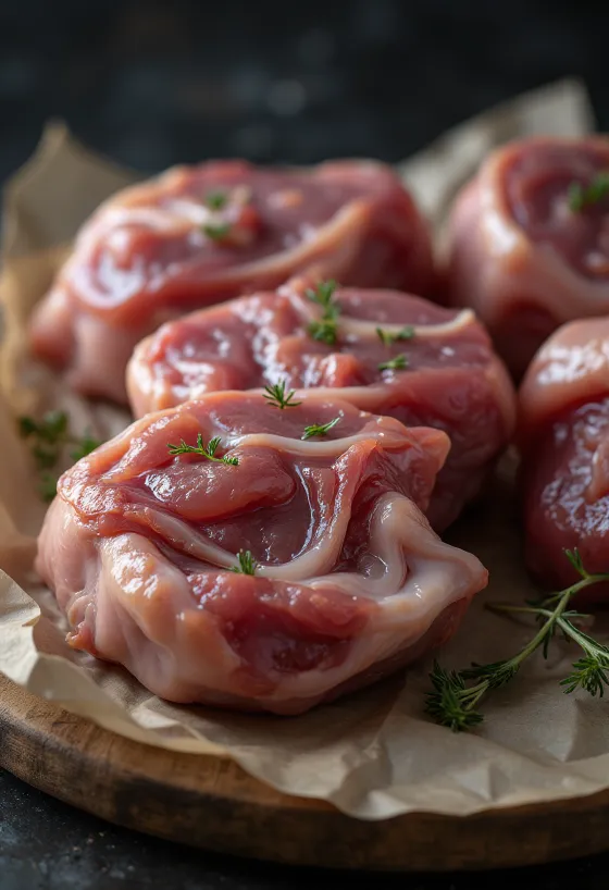 Trozos de carne de ganso fresca con salvia, ajo y bayas de enebro