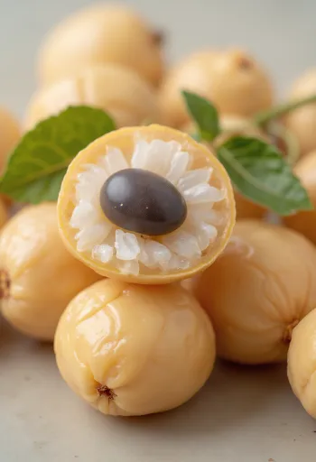 Frutas longan enteras y cortadas con pulpa blanca y semilla negra sobre superficie de madera
