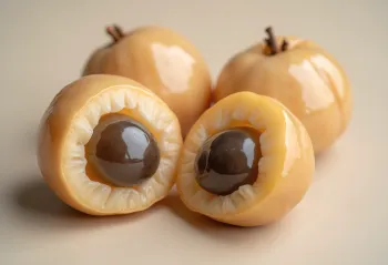 Frutas longan enteras y cortadas con pulpa blanca y semilla negra sobre superficie de madera