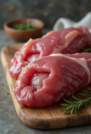 Filetes de hígado crudo rebanado sobre tabla de cortar, estado fresco