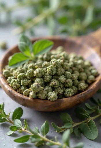 Mejorana molida y seca en entorno de cocina