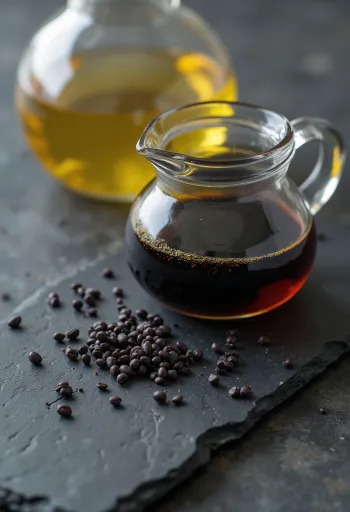 Aceite de semilla de amapola en botella, junto a semillas negras en tazón