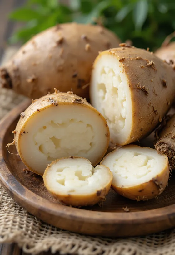 Raíz de malanga fresca con piel marrón y textura natural.