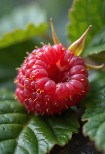 Frambuesa fresca en tazón y mantel, acompañada de mermelada de frambuesa y hoja de menta