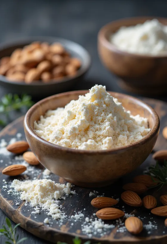 Leche de almendras en polvo en tazón y esparcida
