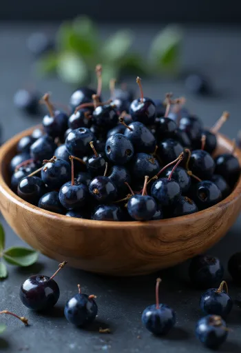 Bayas de maqui frescas morado oscuro, algunas cortadas, crudas