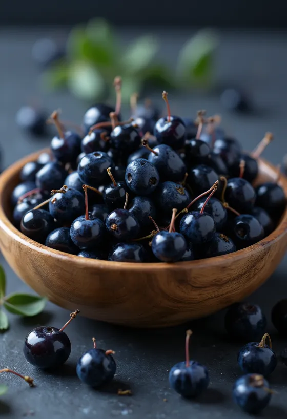 Bayas de maqui frescas morado oscuro, algunas cortadas, crudas