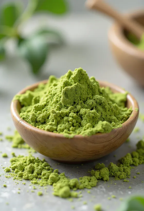 Polvo de matcha en tazón de cerámica con batidor de bambú y cuchara