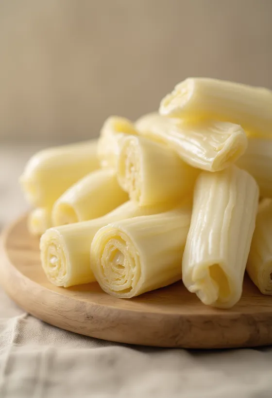Brotes de bambú rebanados en tabla de picar, rodeados de vegetales frescos