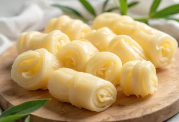 Brotes de bambú rebanados en tabla de picar, rodeados de vegetales frescos