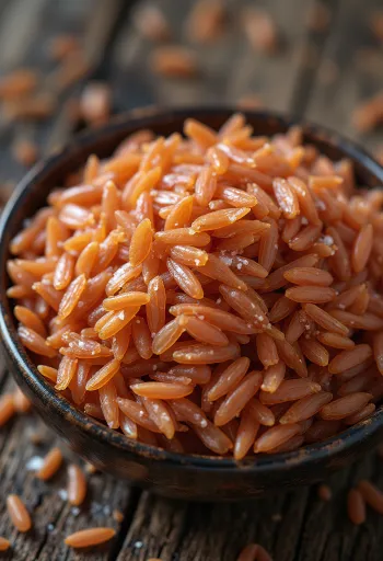 Granos de arroz rojo de Bután frescos en plato