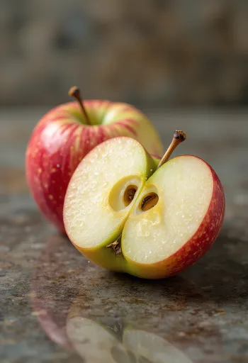 Manzanas Braeburn frescas y rebanadas sobre tabla de picar