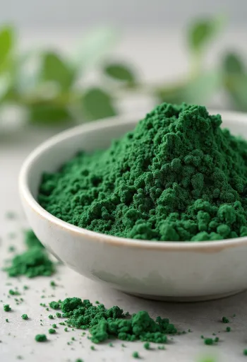 Polvo de chlorella verde intenso en frasco, rodeado de tabletas de chlorella