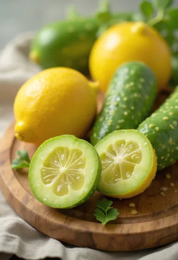 Rodajas de pepino limón sobre tabla de picar entre verduras frescas