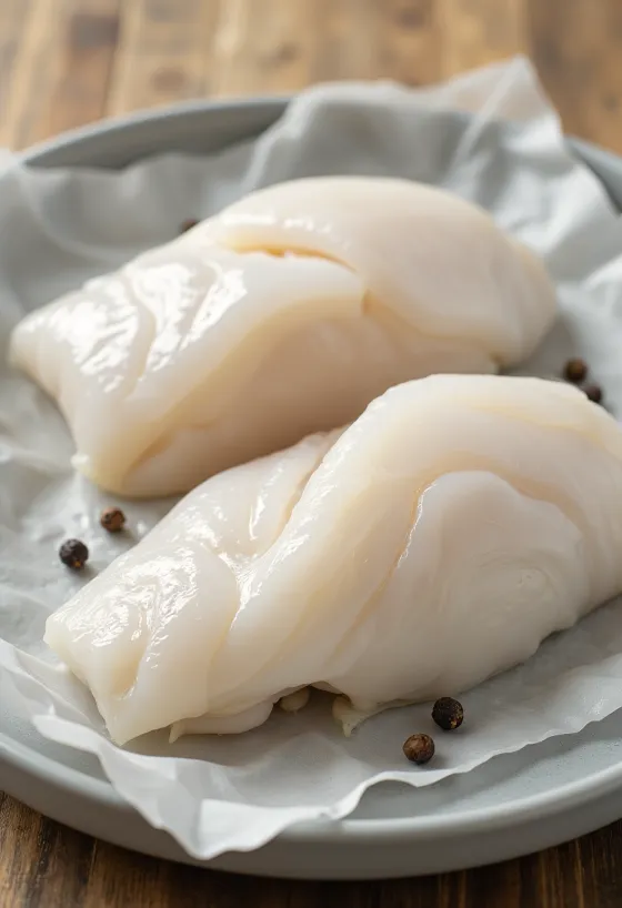 Filete de bacalao del Pacífico fresco sobre tabla de cocina