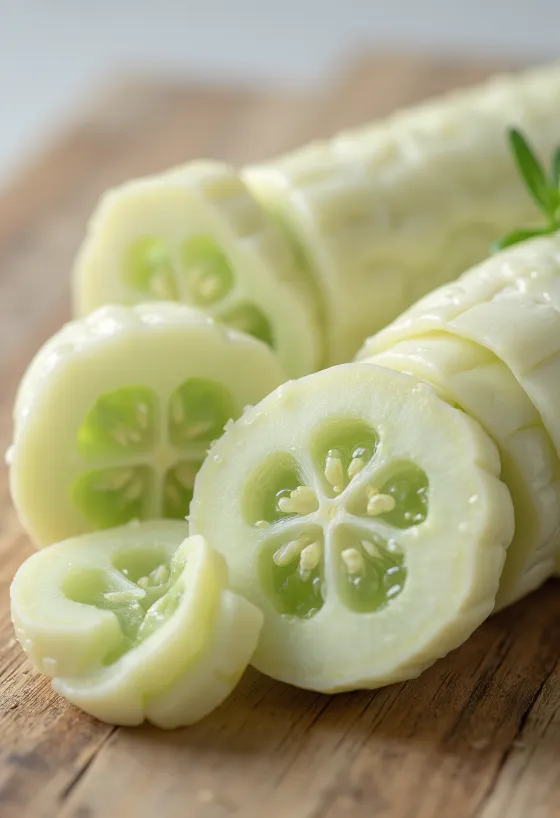Rebanadas de pepino blanco sobre tabla de picar rodeadas de vegetales frescos