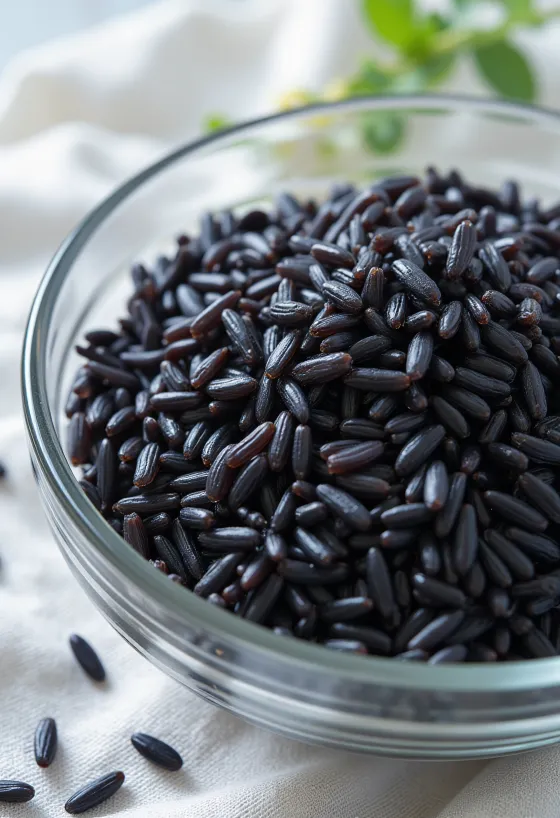 Granos de arroz negro jazmín crudos en un plato