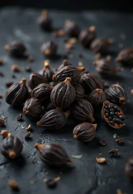 Vainas secas de cardamomo negro sobre mesa