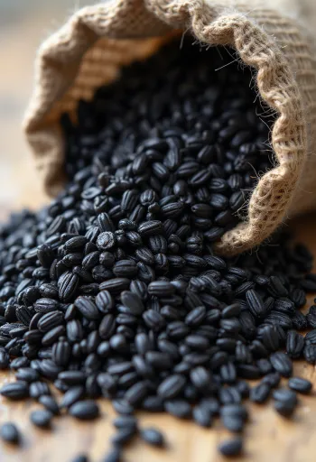 Arroz negro en frasco pequeño, color oscuro intenso, rodeado de granos crudos