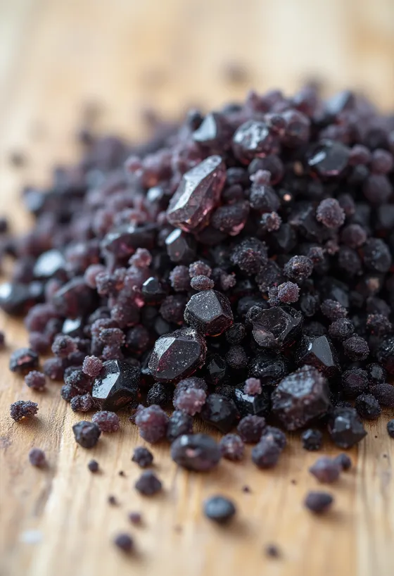 Sal negra en frasco pequeño, cristales oscuros y cuchara de madera