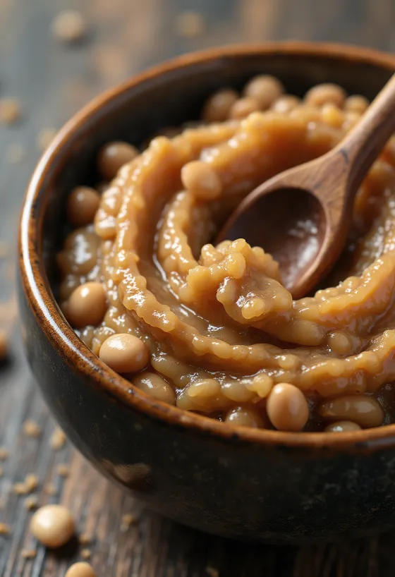 Soya fermentada (natto/miso) en frasco rodeada de granos de soya