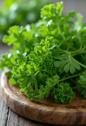 Perejil chino (rizado) fresco, hojas verdes sobre tabla de picar
