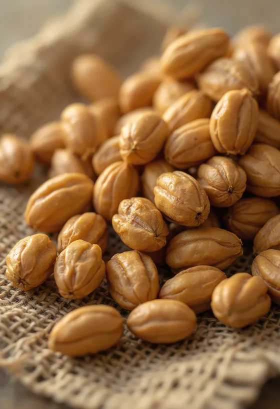 Tubérculos de chufa sobre tabla de picar rodeados de vegetales