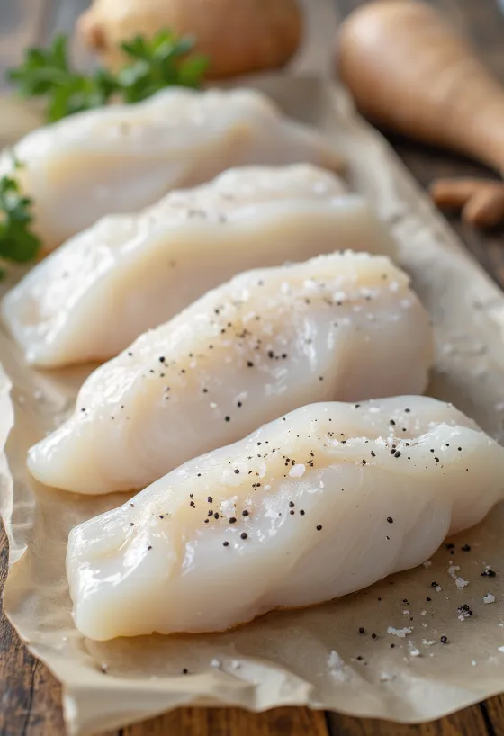 Filete de eglefino (haddock) fresco sobre tabla de cocina