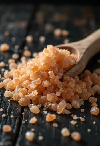 Sal ahumada en frasco pequeño, cristales color ámbar y cuchara de madera