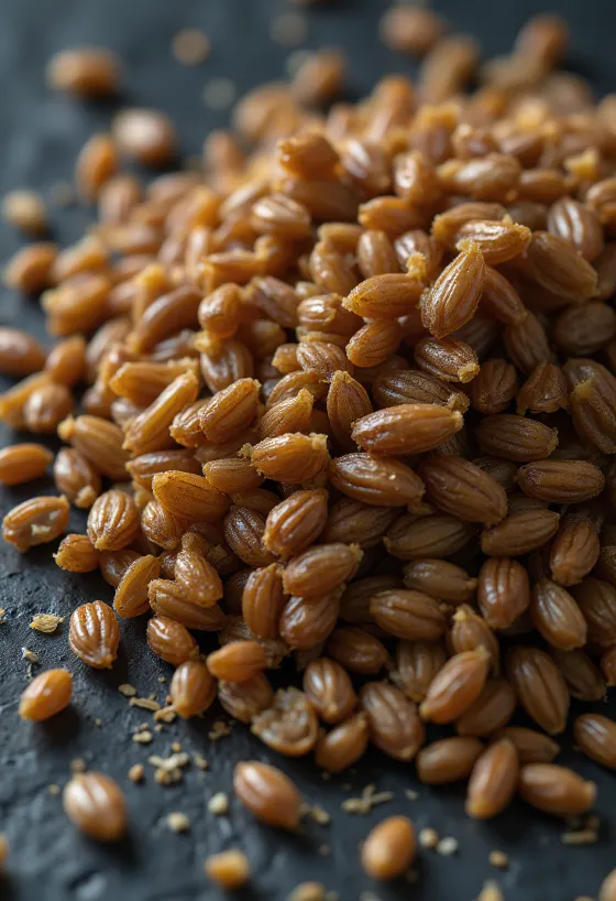 Granos de cebada tostada sobre tabla de picar