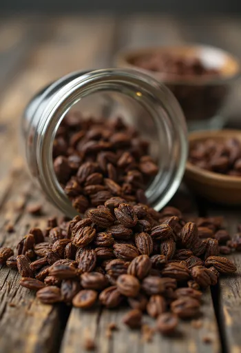 Granos de centeno tostado sobre tabla de picar