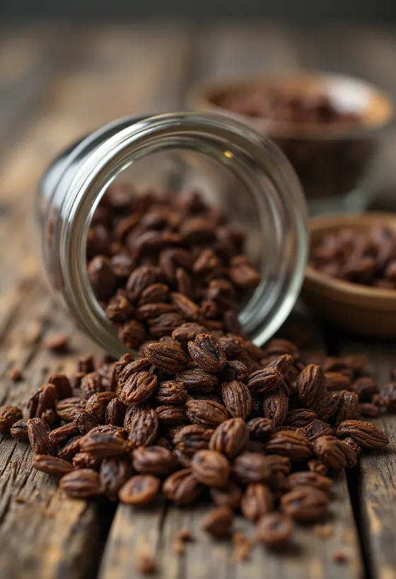 Granos de centeno tostado sobre tabla de picar