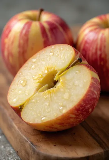 Manzanas Gala frescas enteras y en gajos sobre tabla de cocina