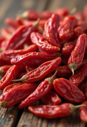 Bayas de Goji rojas en frasco de vidrio rodeadas de bayas secas