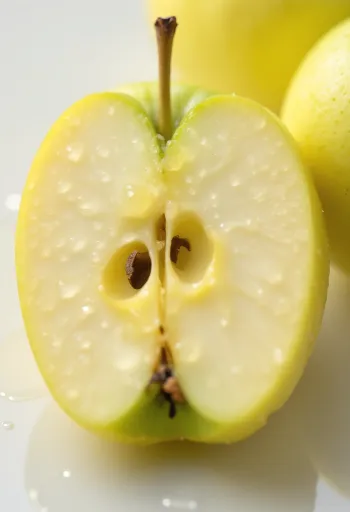 Manzanas Golden Delicious frescas y rebanadas sobre tabla de picar